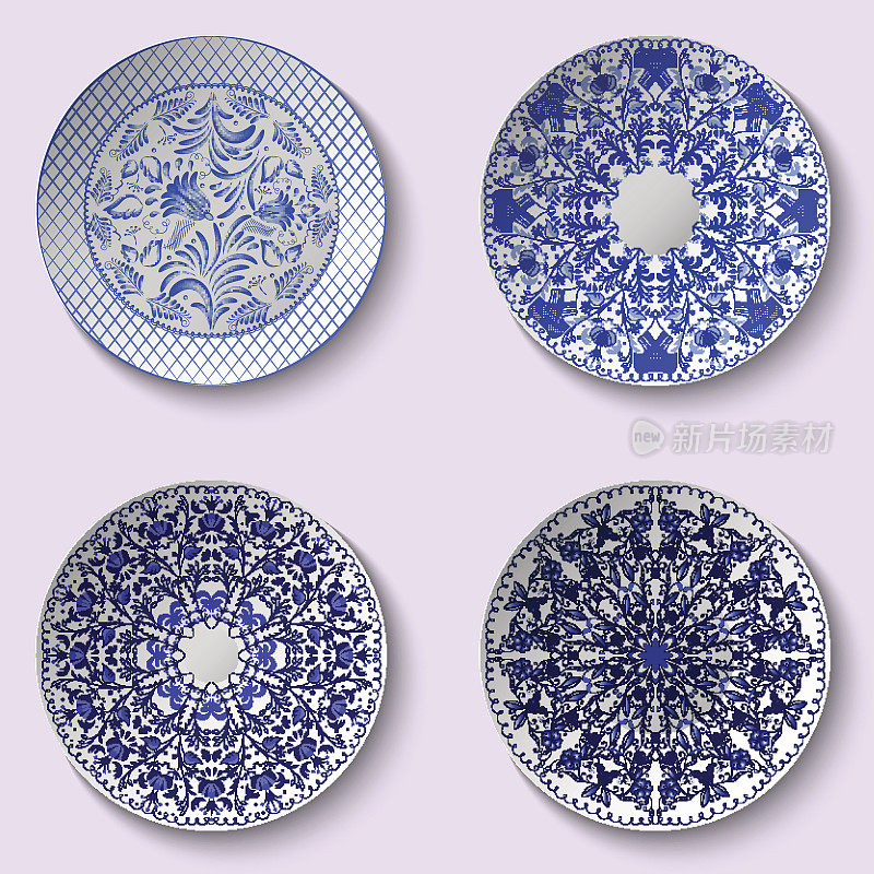 Set of decorative porcelain dishes with blue ethnic pattern in the style of Chinese painting on porcelain